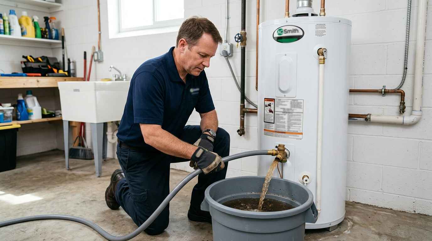 Plumber performing water heater maintenance flush service in Jacksonville home