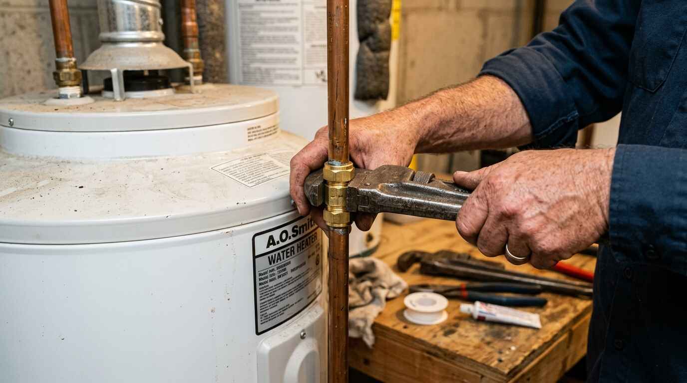 Plumber repairing water heater pipework during emergency service in Jacksonville