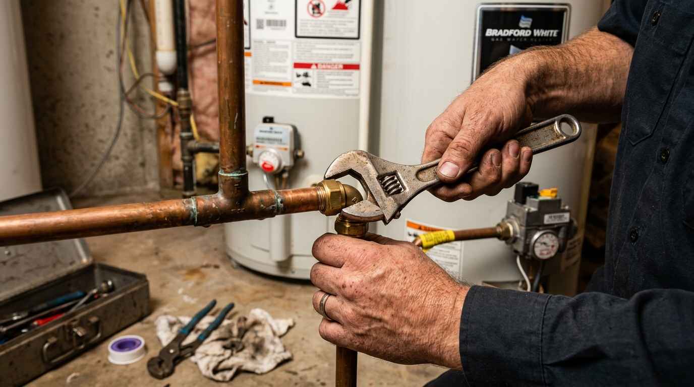 Plumber connecting pipework during water heater repair in Jacksonville