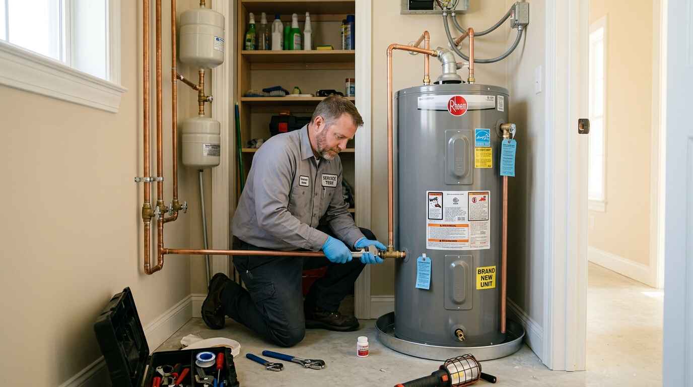 Technician installing new water heater unit in Jacksonville home