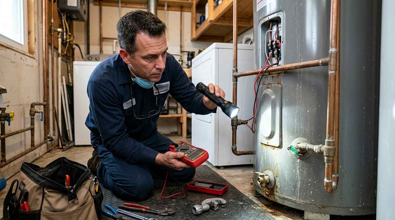 Technician performing water heater inspection in Jacksonville to check for leaks and corrosion
