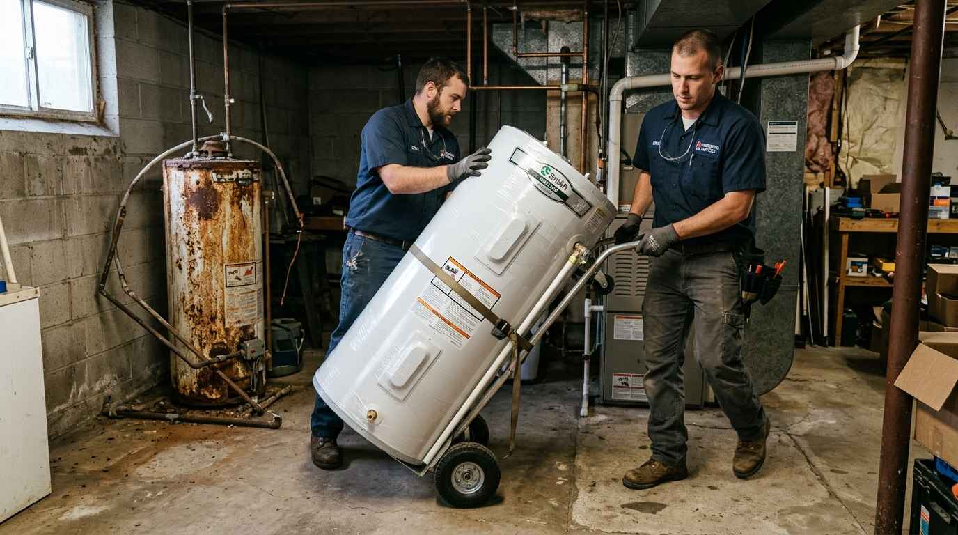 Technicians replacing old water heater with new unit during water heater replacement in Jacksonville