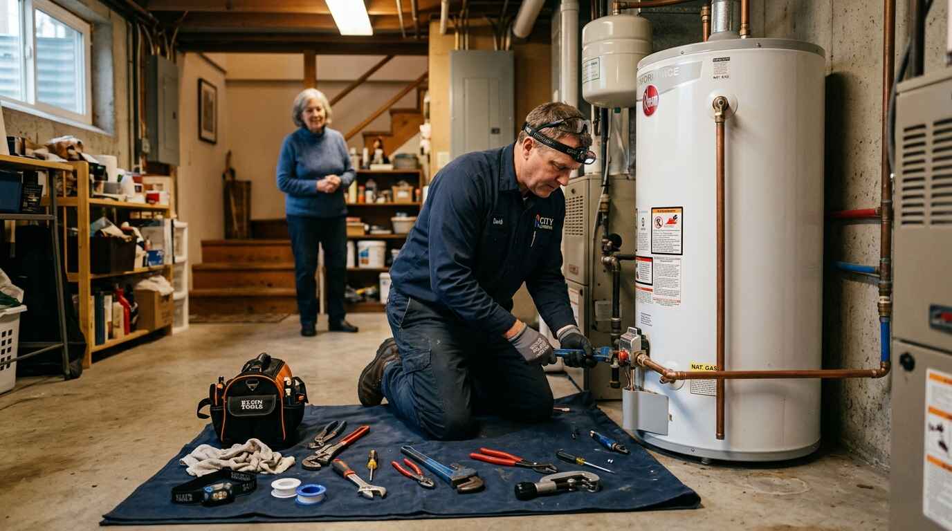 Licensed technician repairing residential water heater in Jacksonville